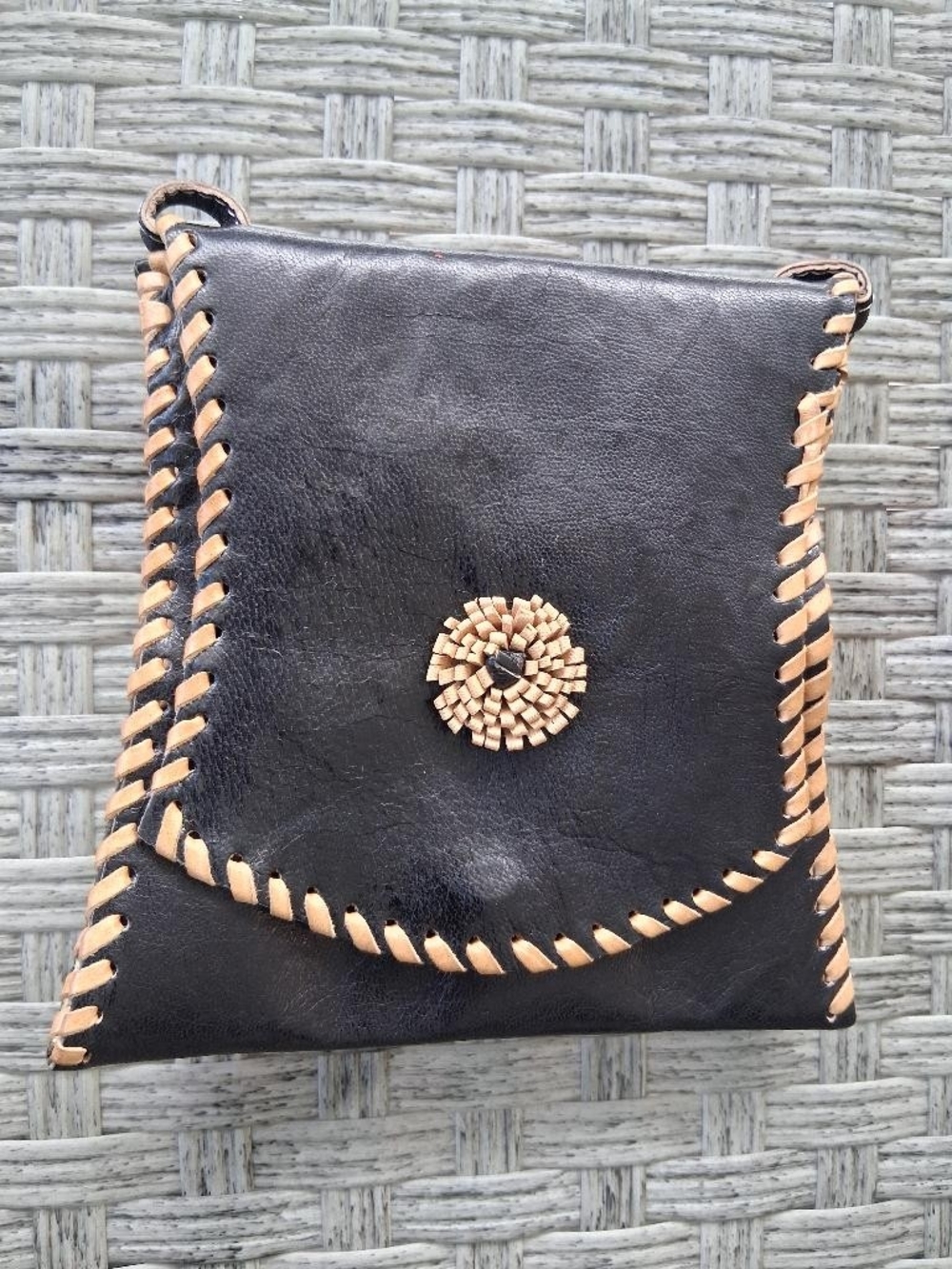 Black Leather Handstitched Crossbody Bag with Tan Whipstitch